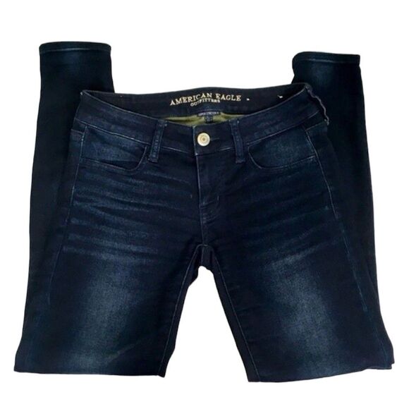 AMERICAN EAGLE SUPER STRETCH SUPER LOW DARK WASH SKINNY JEGGINS 2 SHORT - Picture 1 of 13